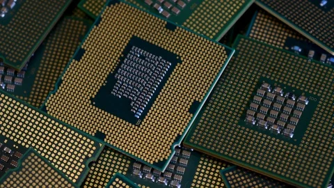 Close Up on many old Computer CPU Chip on rotating. Stock Footage 120303258