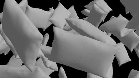 Close up of Many white pillows flying over black background. pillows fight conce Stock Illustration
