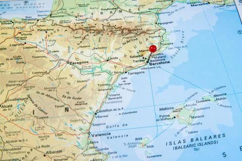 A close-up map of northeastern Spain and southern France Stock-Fotos