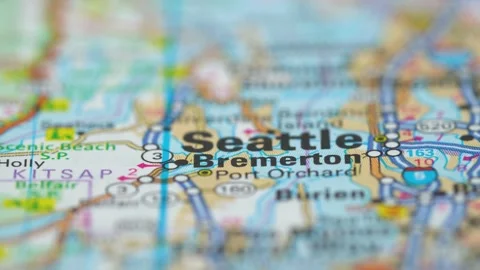 Close up of map showing Seattle and surrounding locations Stock Footage 331694406