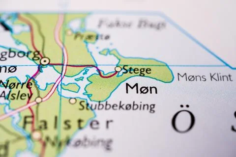 Close up map view of Mon Island Denmark. Stock Photos