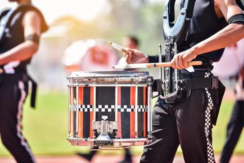 Close-up of marching band drummers marching Stock Photos