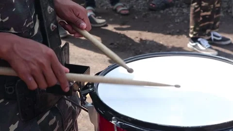 Close up Marching Band drums by banser, with sticks hitting the drums Stock Footage 222585684