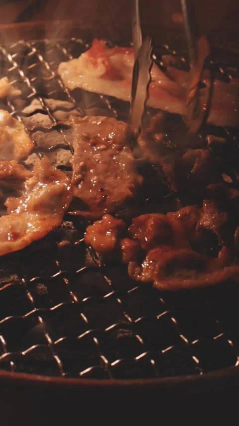 Close-up of marinated pork sizzling on a wire mesh gridiron over hot charcoal Stockbeeldmateriaal 344921808