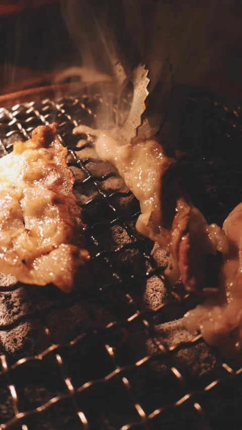 Close-up of marinated pork sizzling on a wire mesh gridiron over hot charcoal Video stock 344921823
