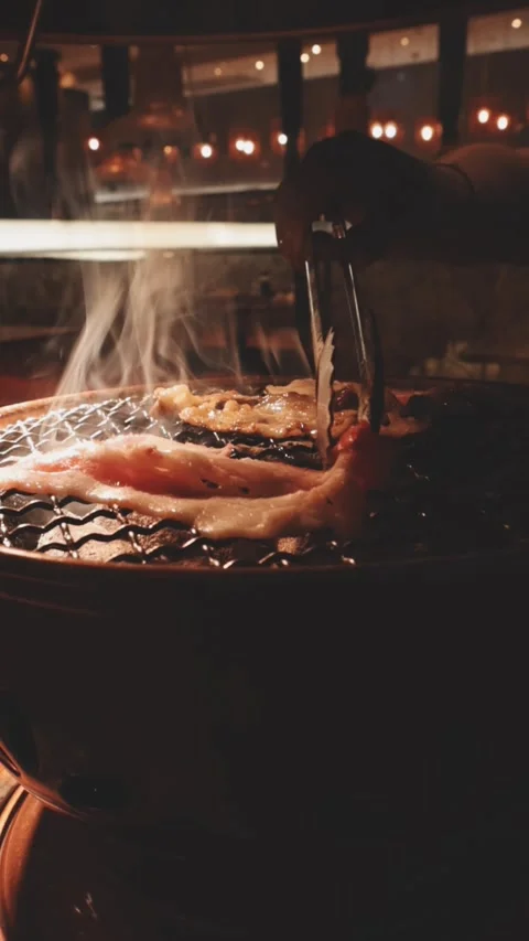 Close-up of marinated pork sizzling on a wire mesh gridiron over hot charcoal Stock Footage 344921824