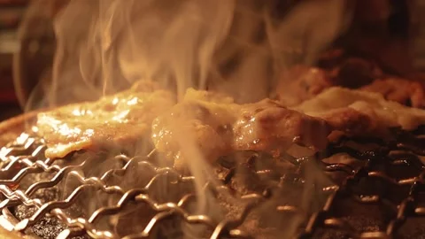 Close-up of marinated pork sizzling on a wire mesh gridiron over hot charcoal Stockbeeldmateriaal 344921827