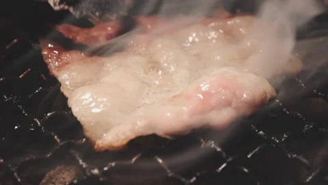Close-up of marinated pork sizzling on a wire mesh gridiron over hot charcoal Stock Footage 344921862