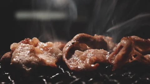 Close-up of marinated pork sizzling on a wire mesh gridiron over hot charcoal Stockbeeldmateriaal 344921869