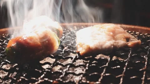 Close-up of marinated pork sizzling on a wire mesh gridiron over hot charcoal Video stock 344921875