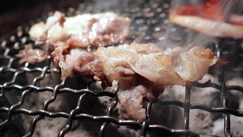 Close-up of marinated pork sizzling on a wire mesh gridiron over hot charcoal Video stock 344921894