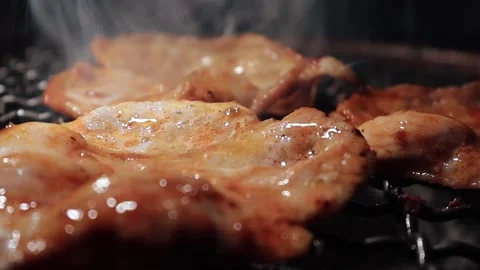 Close-up of marinated pork sizzling on a wire mesh gridiron over hot charcoal Stock Footage 344921907