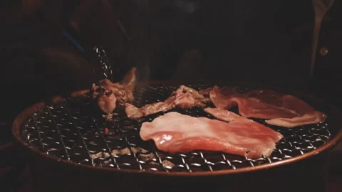 Close-up of marinated pork sizzling on a wire mesh gridiron over hot charcoal Vidéo 344921951