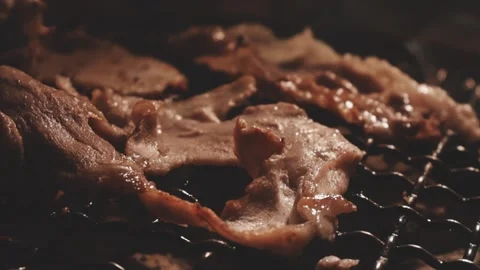 Close-up of marinated pork sizzling on a wire mesh gridiron over hot charcoal Stock Footage 344921963