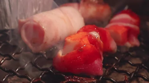 Close-up of marinated pork sizzling on a wire mesh gridiron over hot charcoal Vidéo 344921977