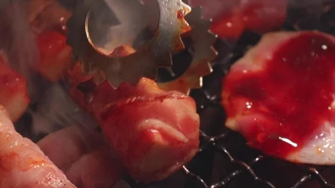 Close-up of marinated pork sizzling on a wire mesh gridiron over hot charcoal 库存影片 344921985