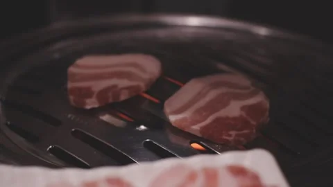 Close-up of marinated pork sizzling on a wire mesh gridiron over hot charcoal Stock Footage 344922030