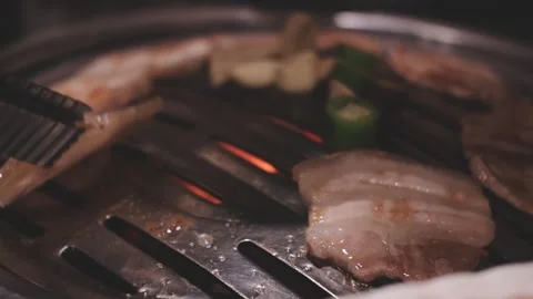 Close-up of marinated pork sizzling on a wire mesh gridiron over hot charcoal Stock Footage 344922065