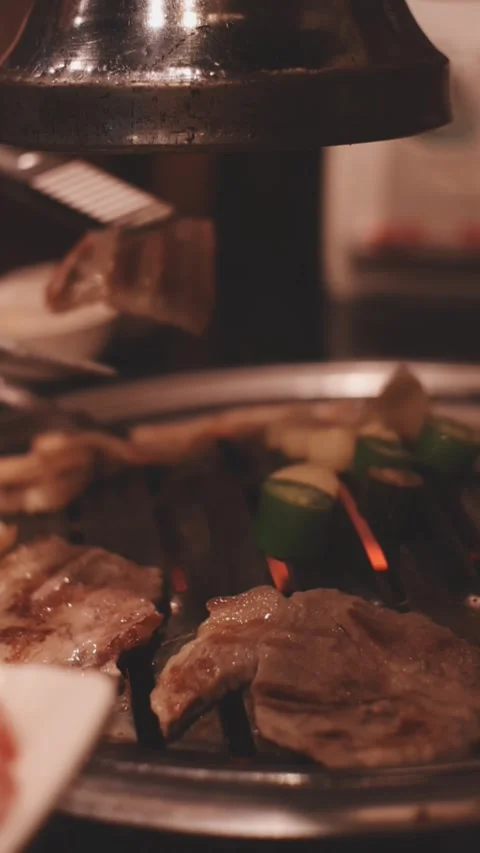 Close-up of marinated pork sizzling on a wire mesh gridiron over hot charcoal Stock Footage 344922089