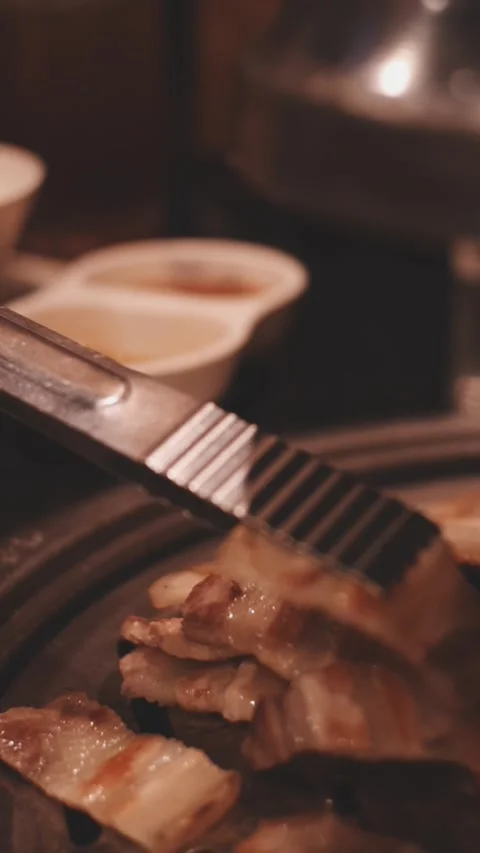 Close-up of marinated pork sizzling on a wire mesh gridiron over hot charcoal Stock Footage 344922101