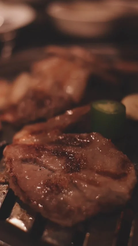 Close-up of marinated pork sizzling on a wire mesh gridiron over hot charcoal Stock Footage 344922108