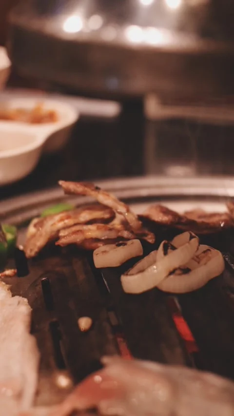 Close-up of marinated pork sizzling on a wire mesh gridiron over hot charcoal Stock Footage 344922179