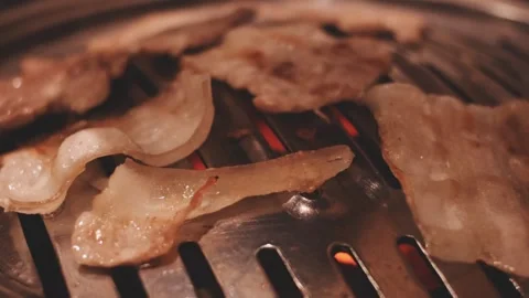 Close-up of marinated pork sizzling on a wire mesh gridiron over hot charcoal Stock Footage 344922189
