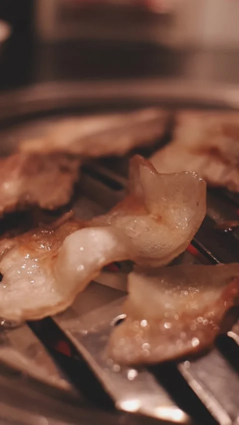 Close-up of marinated pork sizzling on a wire mesh gridiron over hot charcoal Stock Footage 344922206