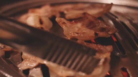 Close-up of marinated pork sizzling on a wire mesh gridiron over hot charcoal Stock Footage 344922208