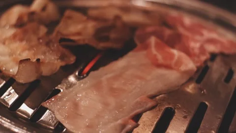 Close-up of marinated pork sizzling on a wire mesh gridiron over hot charcoal Stock Footage 344922222
