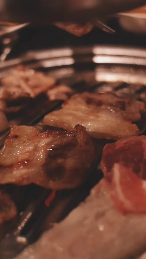 Close-up of marinated pork sizzling on a wire mesh gridiron over hot charcoal Stock Footage 344922239