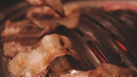 Close-up of marinated pork sizzling on a wire mesh gridiron over hot charcoal Stock Footage 344922241