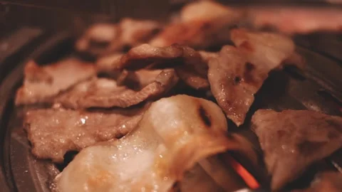 Close-up of marinated pork sizzling on a wire mesh gridiron over hot charcoal Stock Footage 344922243