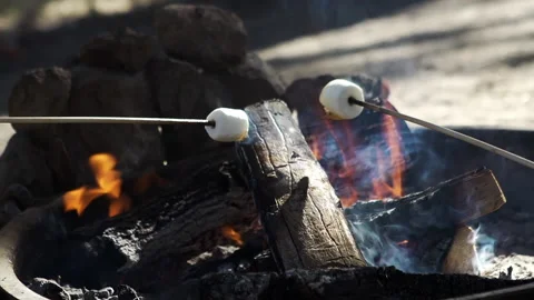 Close-up of marshmallows roasting over an open campfire Stock Footage 138476033