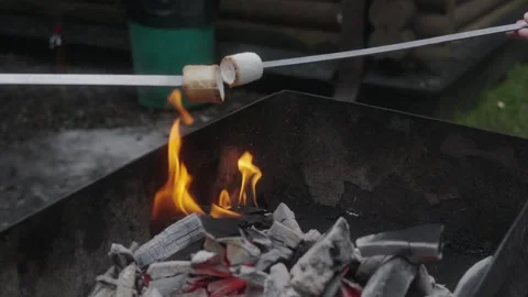 Close Up Marshmallows Roasting on Skewers Over Fire in Outdoor Grill Stock Footage 328231591