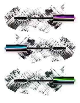 Close-up of mascara with false eyelashes in three versions: purple, green, blue Stock Photos
