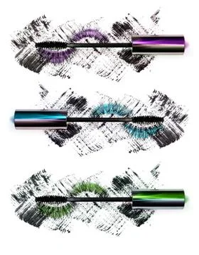 Close-up of mascara with false eyelashes in three versions: purple, green, blue Stock Photos