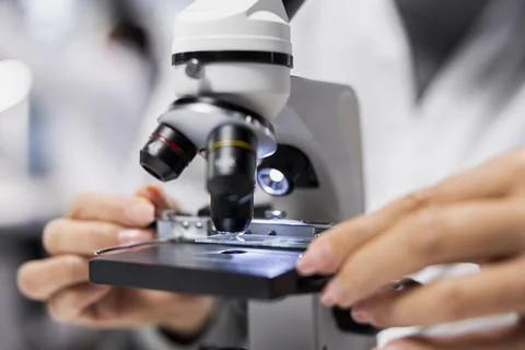 Close up of materials scientist examining tissue under microscope Stock Photos