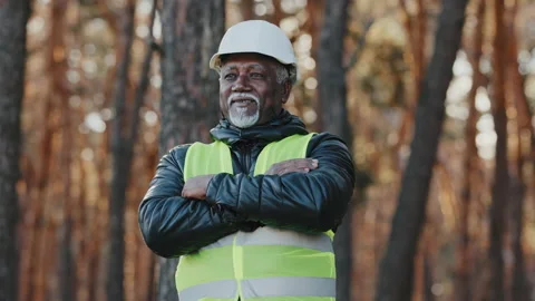 Close-up mature successful experienced engineer forester posing with arms Stock Footage 184145388