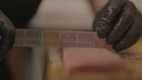 Close-up of measuring meat piece Stock Footage 336374760