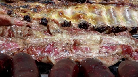 Close-up of meat on charcoal grill half-cooked. Stock Footage 293366091