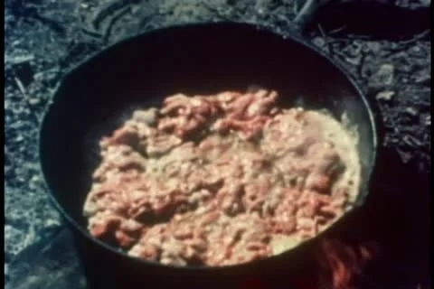 Close-up of meat cooking in pan over campfire 스톡 동영상 11356406