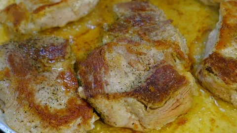 Close up meat frying in the pan 스톡 동영상 109013583