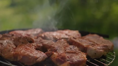 Close up of meat on grill rack browning over open fire for a tasty barbecue Stock Footage 310934985