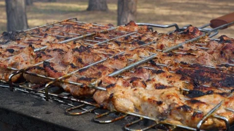 Close-up of meat that is grilled on a grill, appetizing meat cooked in the Stock Footage 195867051