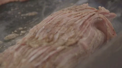 Close-Up of Meat Sizzling on Grill at Sydney Market Food Stall, Australia Stock Footage 345713324
