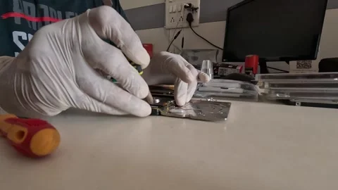 Close-up of a mechanic removing debris from a bike's carburetor Stock Footage 247818039