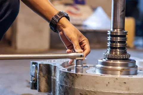 Close Up of Mechanic Using Socket Wrench on Transmission Housing Bolt in Wo.. 库存照片