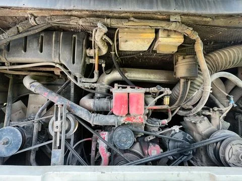 Close-up of a mechanical engine system in a bus vehicle Stock Photos