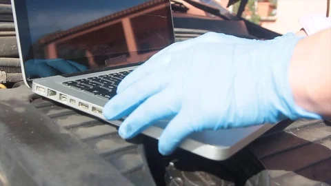 Close up of Mechanical hitch engine diesel tests using laptop on the air filt Stock Footage 124830437